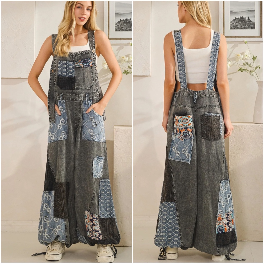 Oli & Hali Mineral Wash Embroidered Tercel Wide Leg Denim Overalls